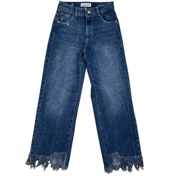 DL1961 Hepburn Jeans 24 Goldfield Blue Wide Leg High Rise Cropped Fringe - Picture 1 of 12